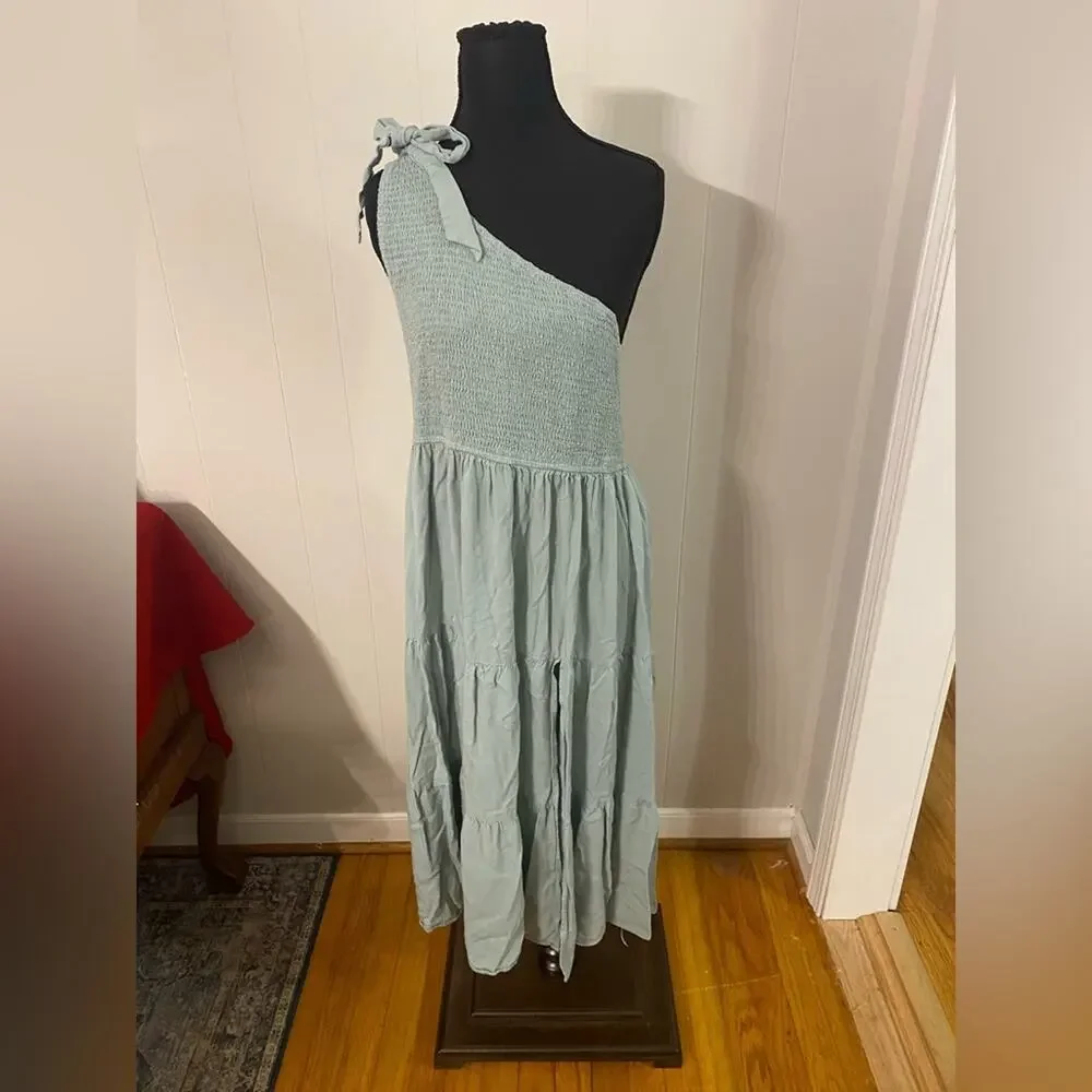 Merokeety One Shoulder Smocked Top Tiered Midi Dress with Front Slit in Sage XL - Picture 2 of 6